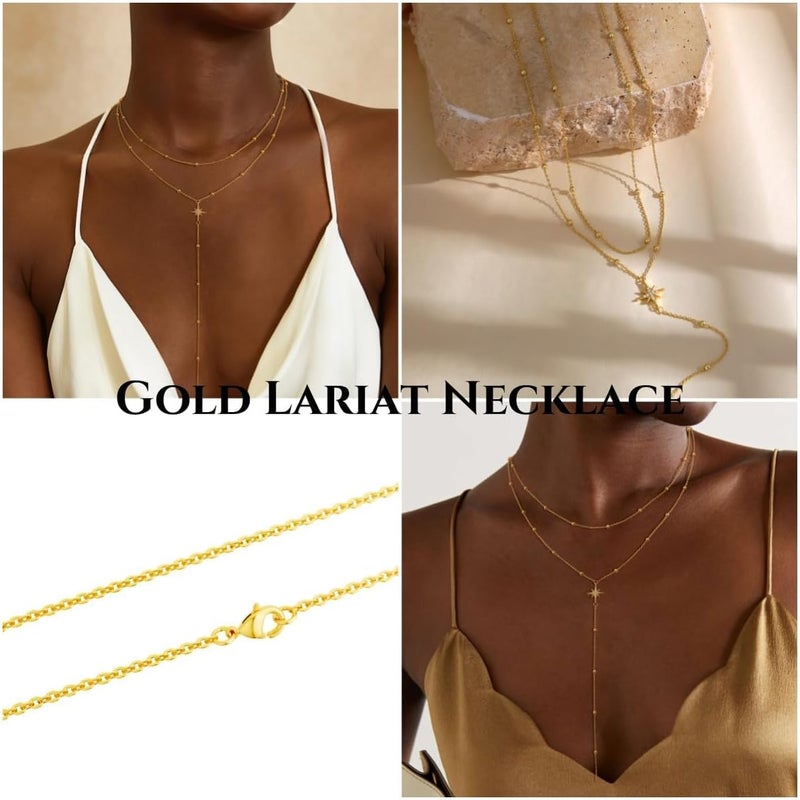 Funsanny Store Lariat Necklaces for Women - Dainty Long Necklace Trendy 14K Gold Plated Hypoallergenic Layered Long Y-Shape Sunburst CZ T-Bar Pendant Drop Chain Necklace Set for Women Non Tarinsh Jewelry - Image 5